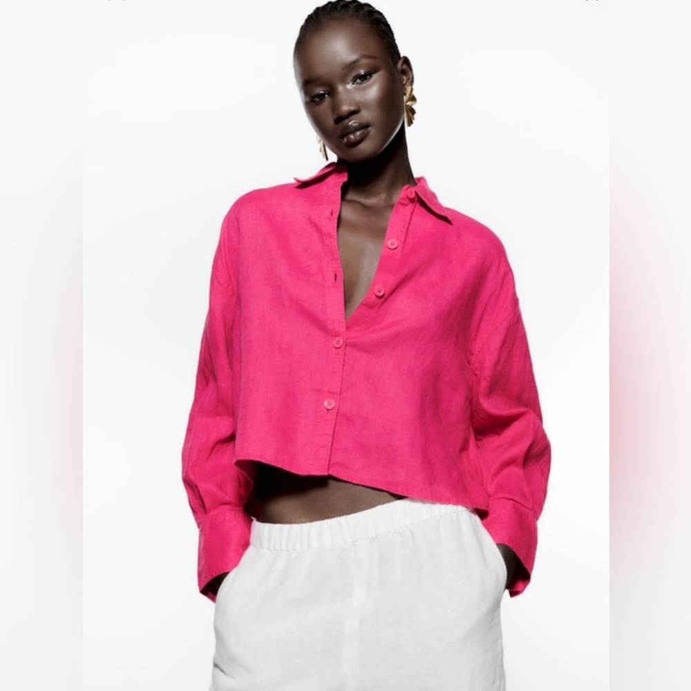 NWOT Cropped Pink Linen Shirt